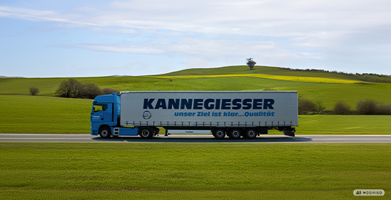 Blauer LKW der Kannegiesser Spedition mit Auflieger, fährt auf einer Landstraße durch eine grüne, leicht hügelige Landschaft unter blauem Himmel.